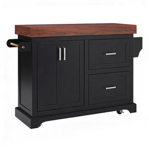 English Elm K&k Rolling Kitchen Island with Walnut Grain Countertop Drawers and Spice Rack Black N707S000025B