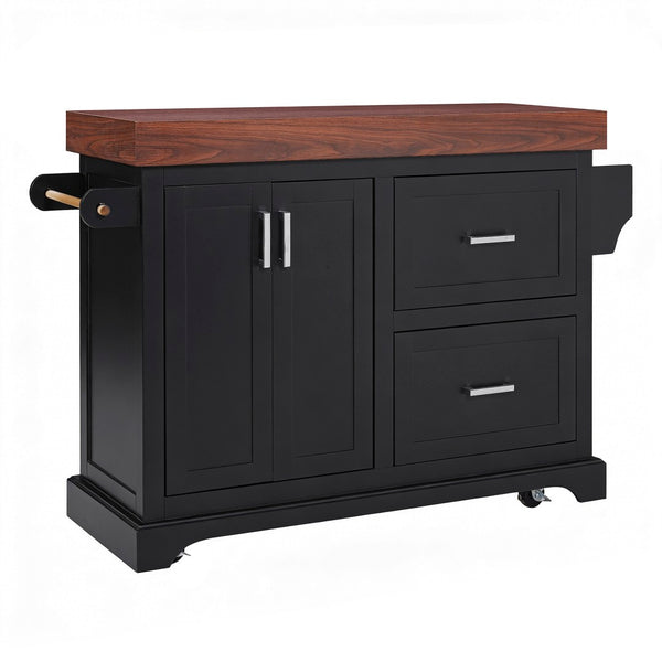 English Elm K&k Rolling Kitchen Island with Walnut Grain Countertop Drawers and Spice Rack Black N707S000025B