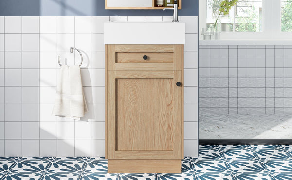 English Elm 18.5" Rustic Bathroom Vanity with Reversible Resin Sink, Wood Grain Melamine, Soft-Close Door, Adjustable Shelf N729P285512N