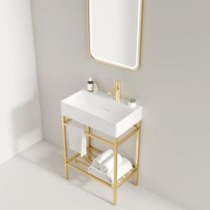 English Elm LOFI Ceramic Integrated Bathroom Vanity 24" with Rectangular Basin, Open Metal Shelf, Easy Clean Gold,White W2615S00080