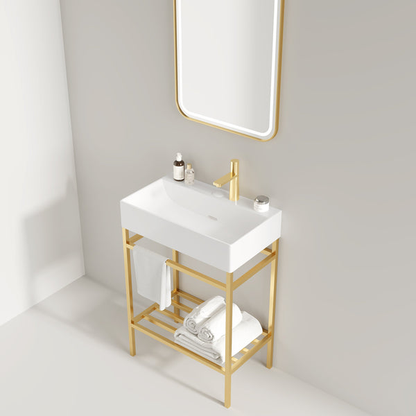 English Elm LOFI Ceramic Integrated Bathroom Vanity 24" with Rectangular Basin, Open Metal Shelf, Easy Clean Gold,White W2615S00080