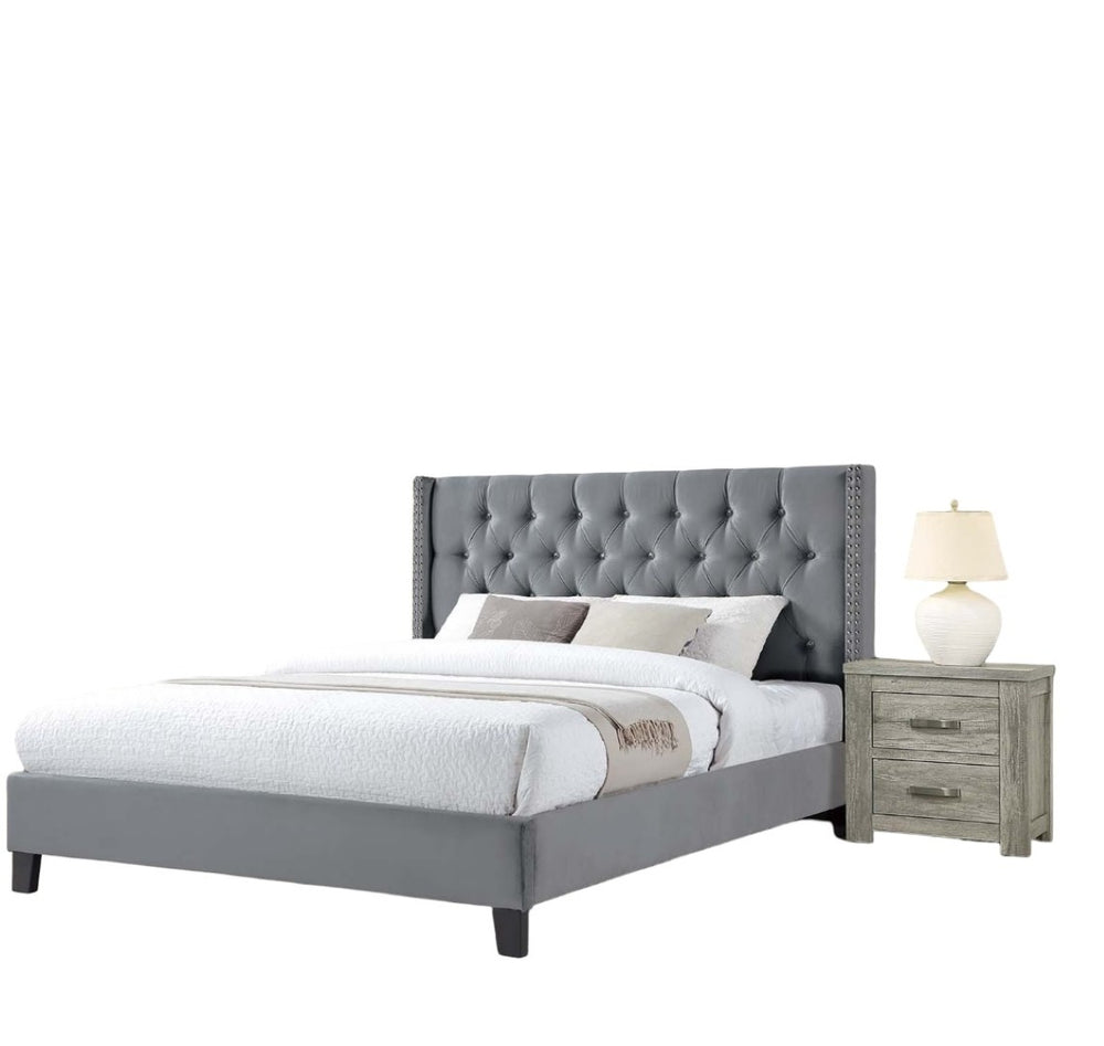 English Elm Queen Velvet Upholstered Bed Diamond Tufted Headboard Nailhead Trim Glam Bedroom B011S02057