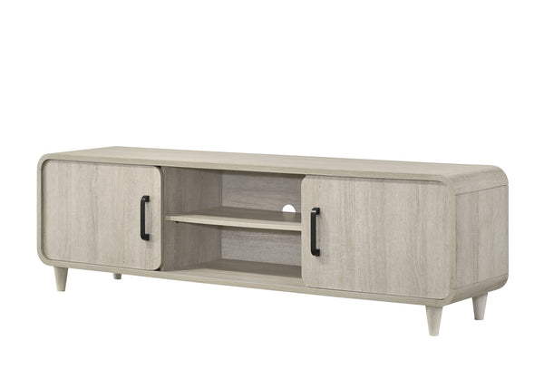 English Elm 1pc Mid-Century TV Stand 71.1" Wide Light Finish with Sliding Doors, Tapered Legs & Gold Handles Antique White 21 L x 73.5 W x 18.5 H B2741P406247