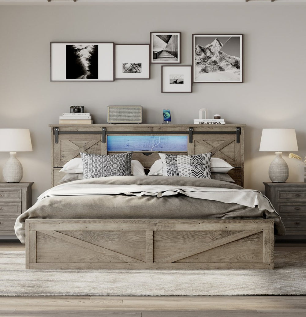 English Elm Farmhouse King Storage Bed Rustic Wood Headboard with Led Lights and Charging Hub W1670P362672