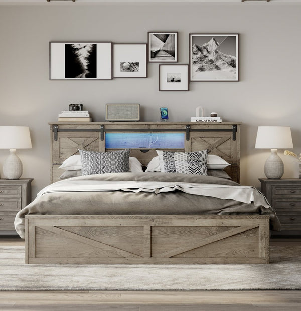 English Elm Farmhouse King Storage Bed Rustic Wood Headboard with Led Lights and Charging Hub W1670P362672