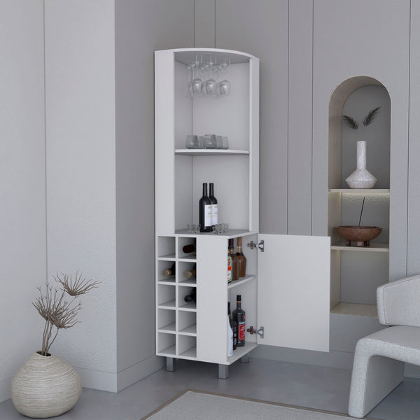 English Elm Kaia Corner Bar Cabinet White with Ten Wine Cubbies, Stemware Rack & Four Shelves — Space-Saving Elegance B070S00380