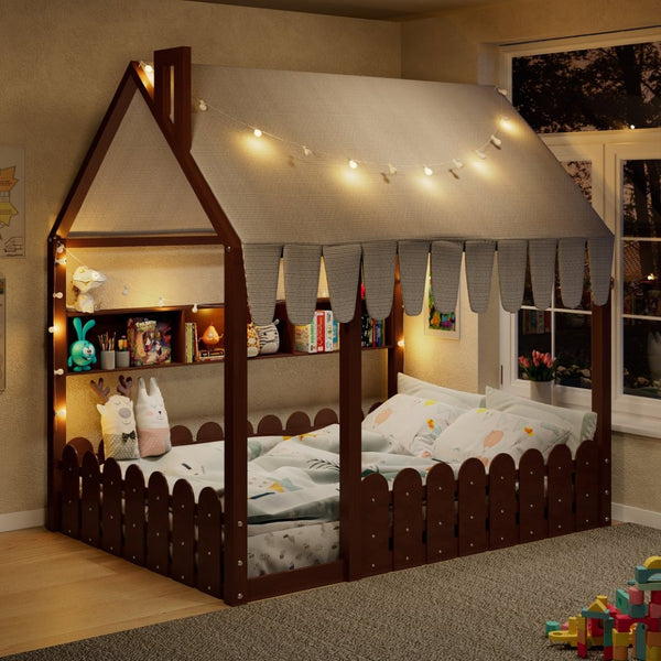 English Elm {slats Are Not Included} Twin Montessori House Floor Bed Kids Tent Lights Shelves Pinewood Frame Espresso N708P407963P