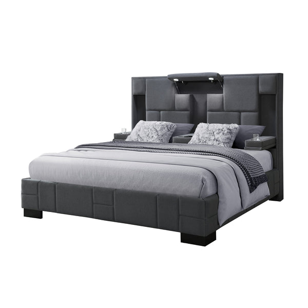 English Elm YARIS Queen Bed with Fold-Down Armrests, Built-In Wireless Charger, LED Lights & Speakers Dark Gray 70.4 L x 60.4 W x 8.07 H B201S00185