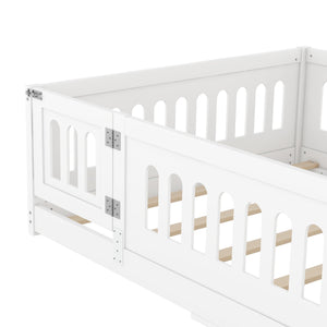 English Elm Full Size Floor Bed With Guardrails & Door - Solid Wood Bedframe For Safe, Stylish Kids' Sleep W1820P240539
