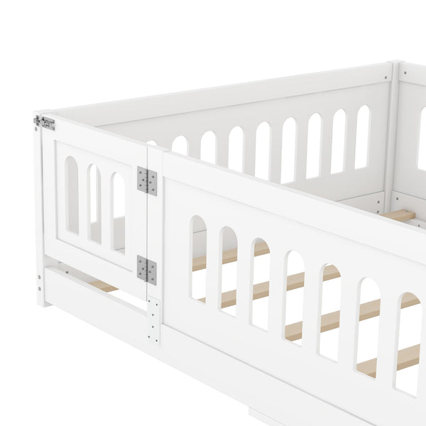 English Elm Full Size Floor Bed With Guardrails & Door - Solid Wood Bedframe For Safe, Stylish Kids' Sleep W1820P240539