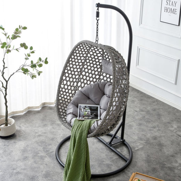 English Elm Egg Swing Chair Woven Rattan Basket Seat with Stand Cushion for Patio Bedroom W1512P498597