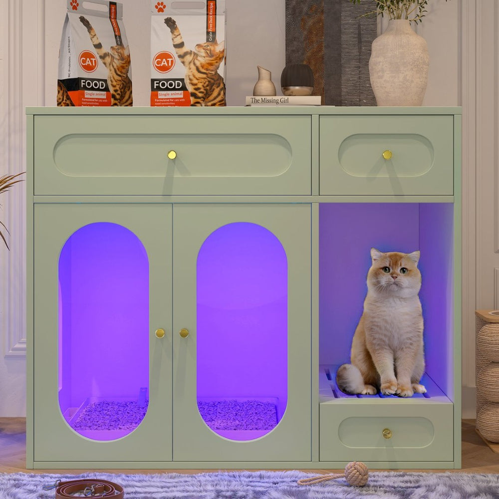 English Elm Cat Litter Box Cabinet with Led Lighting Acrylic Doors and Drawer Storage End Table Green N704P402444F