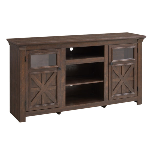 English Elm 2 Door Farmhouse Media Console with Glass Cabinet Panels and Open Shelving for Living Rooms W2275P389693