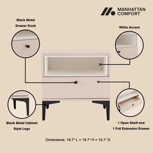 English Elm Amara Pale Rose & White 20" Nightstand with Open Shelf, Full Extension Drawer & Black Metal Legs B365P398183