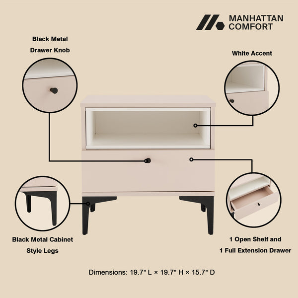English Elm Amara Pale Rose & White 20" Nightstand with Open Shelf, Full Extension Drawer & Black Metal Legs B365P398183