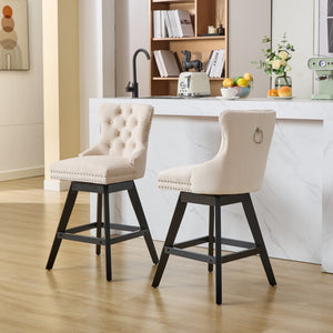 English Elm Swivel Velvet Barstools with Tufted Button Back, 360° Rotate, Plush Foam & Rubberwood Frame Beige W1143P241329