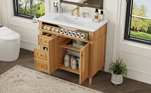English Elm 36" Modern Bathroom Vanity with Ceramic Sink, Solid Rubber Wood & MDF, Flip Drawer, Soft-Close Doors N725P350825N