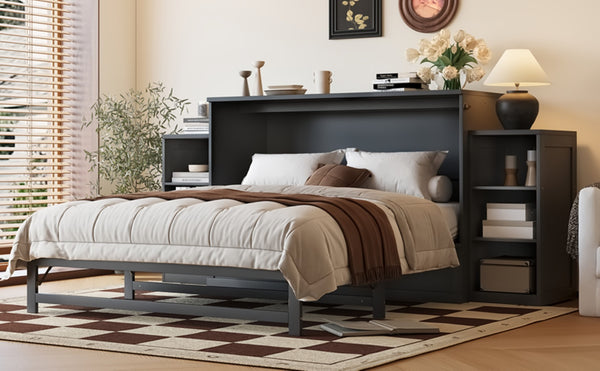 English Elm Queen Murphy Wall Bed with Open Shelves and Drawers for Guest or Office Rooms Dark Gray W5316S00009