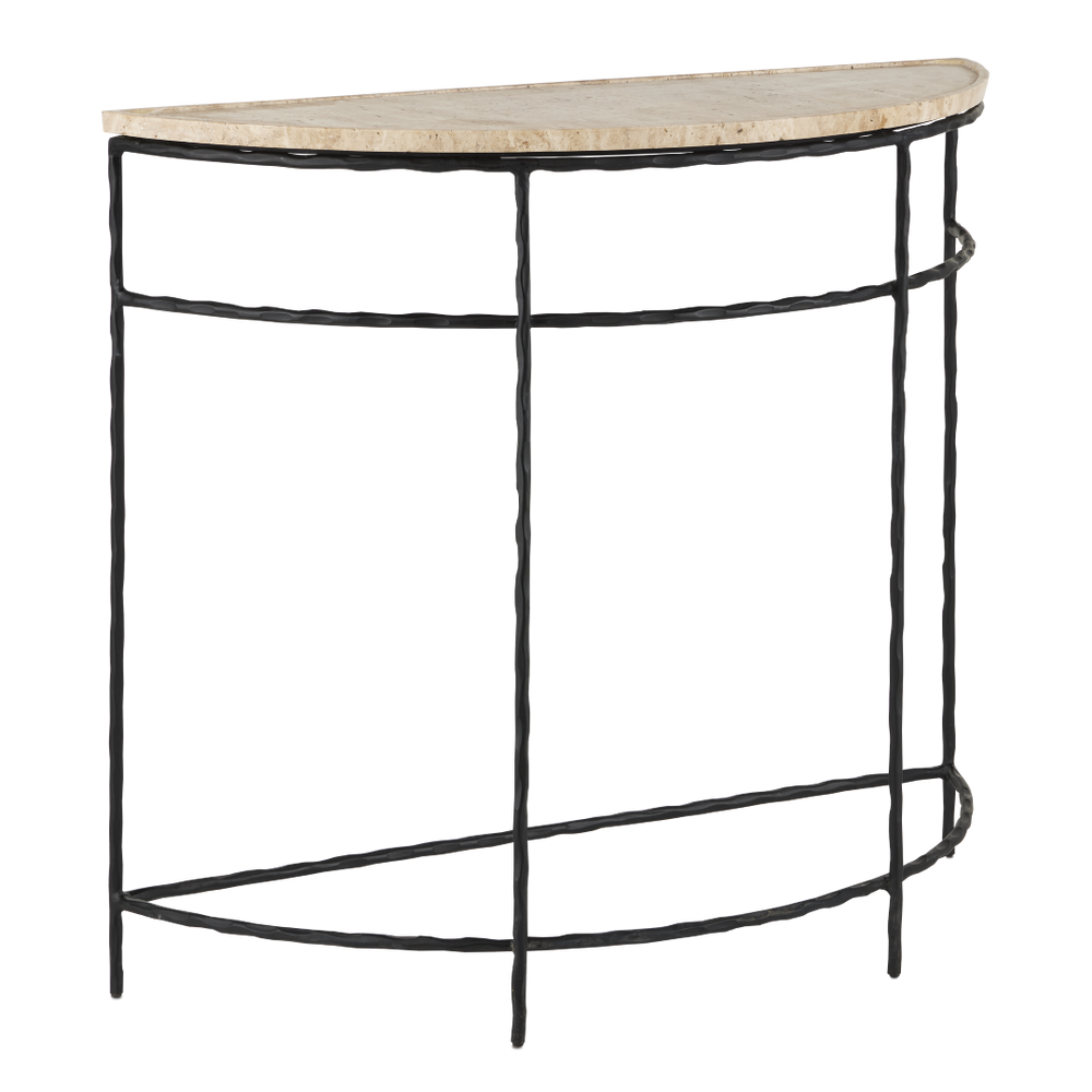Boyles Travertine Demi-Lune Table with Unique Natural Stone Top & Elegant Forged Iron Base