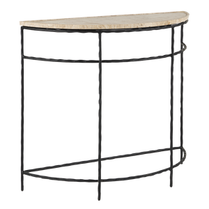 Boyles Travertine Demi-Lune Table with Unique Natural Stone Top & Elegant Forged Iron Base