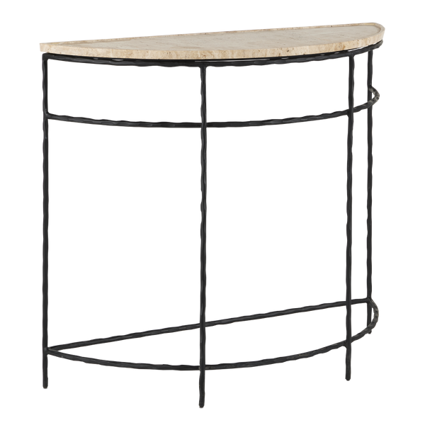 Boyles Travertine Demi-Lune Table with Unique Natural Stone Top & Elegant Forged Iron Base