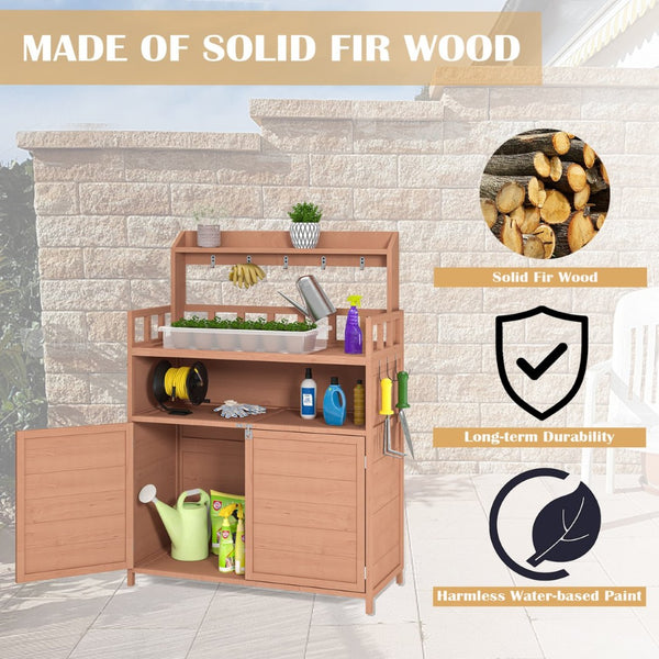 English Elm Potting Bench Fir Wood Outdoor Workstation with Cabinet Shelf and Tool Hooks W1850P201057