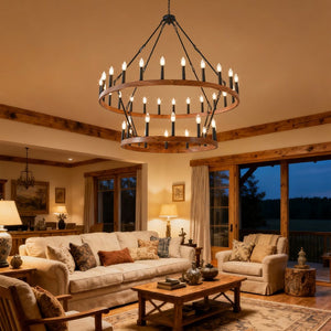 English Elm 47.24 Inch Two-tier Wagon Wheel Chandelier 36-light Wood Grain Metal Farmhouse Foyer Fixture W5008P392657