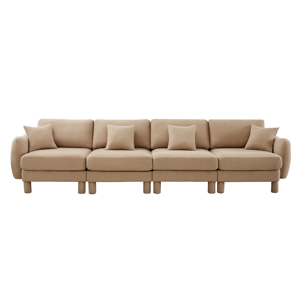 English Elm Boucle 4-Seater Sofa With Shell Armrests & Cylindrical Legs, Coffee Color - Plush Comfort & Style W3041S00287
