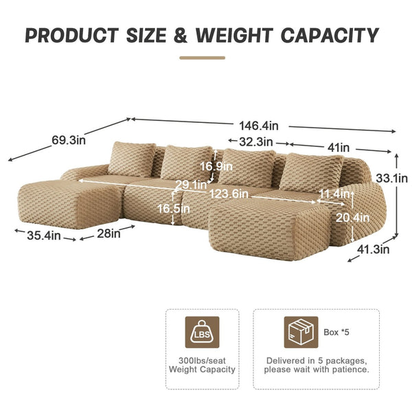 English Elm 146" U-shaped Modular Sectional Flannelette Sofa with Ottoman for Spacious Living Rooms Light Camel W714S01516