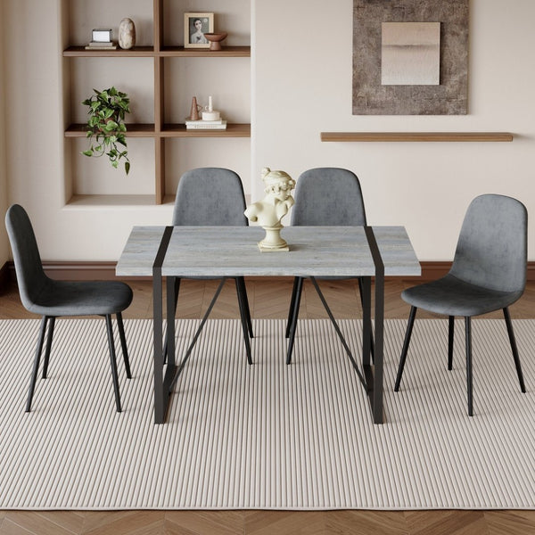 English Elm Table Set: Minimalist Retro Dining Table With Textured Top & 4 Soft Chairs, Black Metal Legs W1151S03836-GIGA
