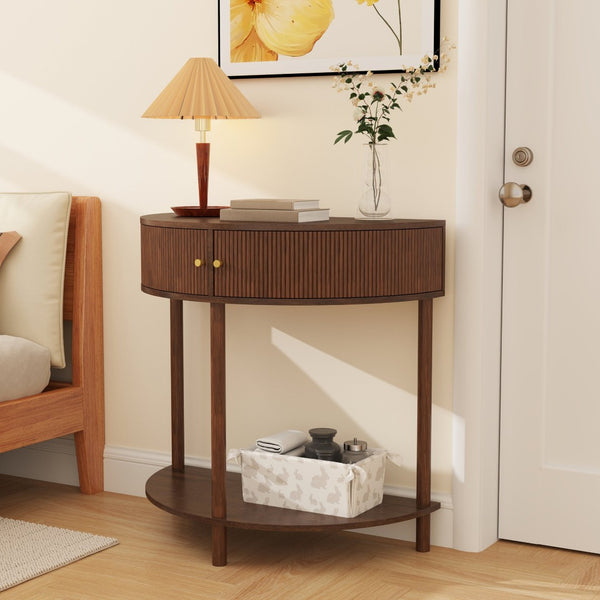 English Elm Artisan-crafted Demi-lune Console Table Wave Drawer Fronts Warm Wood Entryway W2557P294041