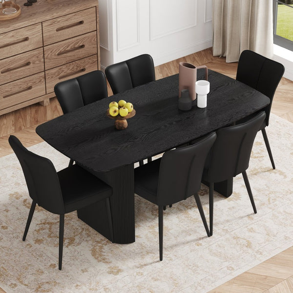 English Elm Table Set: Modern Black Wood Grain Dining Table With 6 Ergonomic Pu Chairs For Stylish Dining Spaces W1151S04181-GIGA