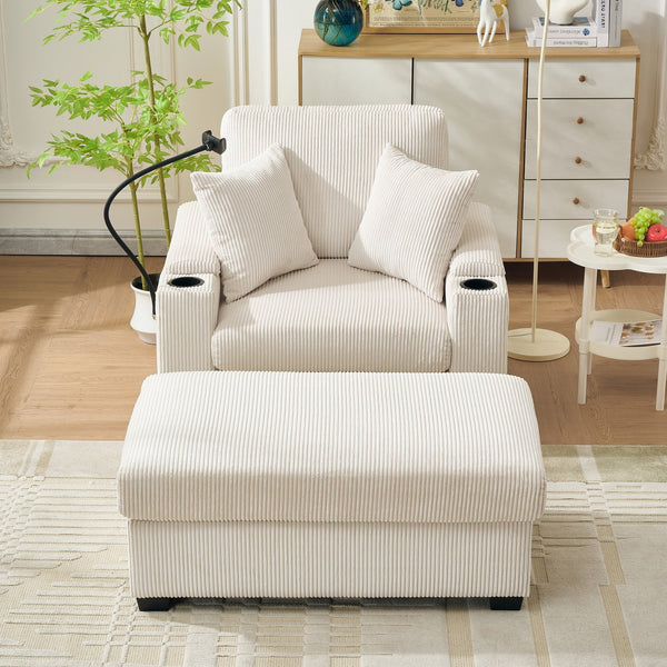 English Elm 55" Oversized Chaise Lounge Chair With Ottoman & Storage - Cozy Corduroy Recliner With Usb Port & Cup Holder W3373P328964