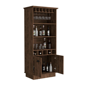 English Elm Dundee Tall White Bar Cabinet with Glass Panel Doors Open Cubbies and Display Shelves B200S00384