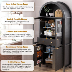 English Elm 71" Arched Glass Barn Door Pantry Cabinet Farmhouse Mdf Storage for Kitchen Dining Black W2917S00014