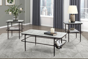 English Elm 3pc Martine Occasional Table Set with Marble Print Tempered Fluted Glass Tops & Black Metal Base, Modern Storage B011P298386