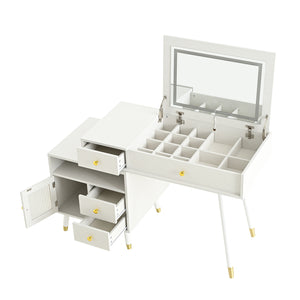 English Elm 3-in-1 Vanity Desk with LED Flip Mirror, Compact Makeup/Dressing Table with Storage Drawers & Stool White N844P291656A