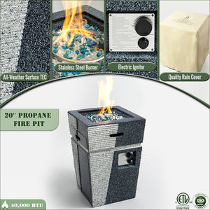 English Elm 20" Two-Tone Concrete Propane Fire Pit Table 50,000 BTU Stainless Burner, Glass Rocks, Cover Included W85343018