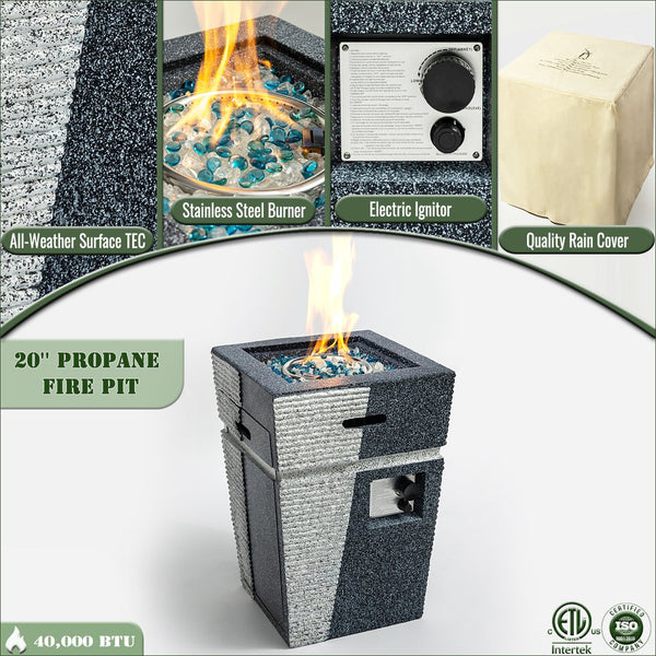English Elm 20" Two-Tone Concrete Propane Fire Pit Table 50,000 BTU Stainless Burner, Glass Rocks, Cover Included W85343018