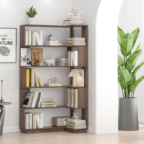 English Elm 90cm L-shaped Corner Bookcase Five Tier Mdf Open Shelving Unit for Home Office W2899P444161