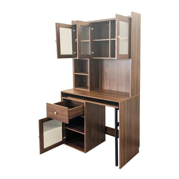 English Elm Computer Desk with Glass Doors, Hutch & Drawer Storage, Rotating 90° Desktop and Spacious Work Surface Walnut W331S00195