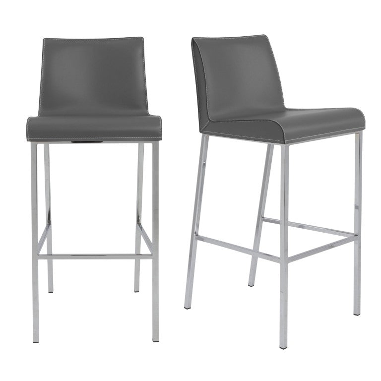 EuroStyle Cam Leather Upholstered Barstools with Polished Steel Legs for Kitchen Islands Set 15201GRY