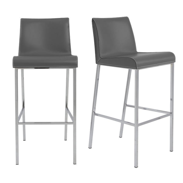 EuroStyle Cam Leather Upholstered Barstools with Polished Steel Legs for Kitchen Islands Set 15201GRY
