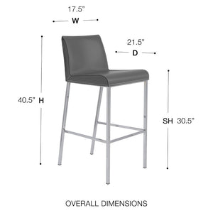 EuroStyle Cam Leather Upholstered Barstools with Polished Steel Legs for Kitchen Islands Set 15201GRY