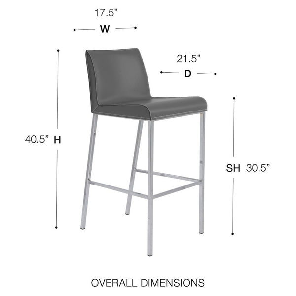 EuroStyle Cam Leather Upholstered Barstools with Polished Steel Legs for Kitchen Islands Set 15201GRY