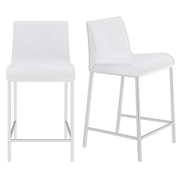 EuroStyle Cam Regenerated Leather Counter Stools with Stainless Steel Legs for Kitchen Islands White 15202WHT