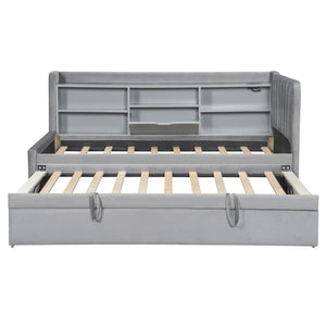 English Elm Twin Upholstered Daybed with Pull-Up Trundle, Velvet High Back with Shelves, Flip Storage & USB Gray SF000194AAE