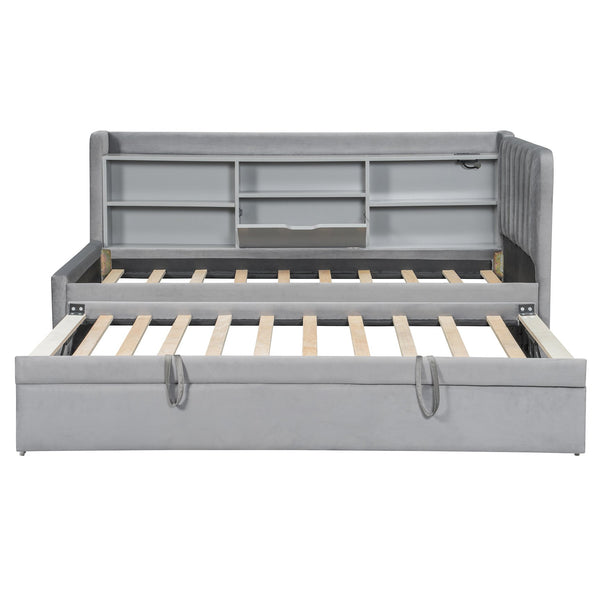 English Elm Twin Upholstered Daybed with Pull-Up Trundle, Velvet High Back with Shelves, Flip Storage & USB Gray SF000194AAE