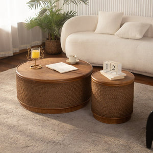English Elm Flower-shaped Rattan Coffee Table Boho Woven Design with Hidden Lift Top Storage W3081P464721