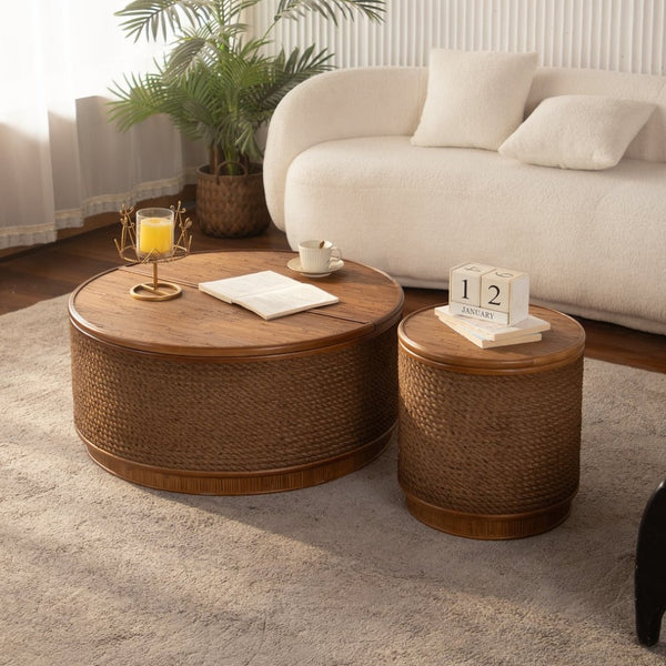 English Elm Flower-shaped Rattan Coffee Table Boho Woven Design with Hidden Lift Top Storage W3081P464721